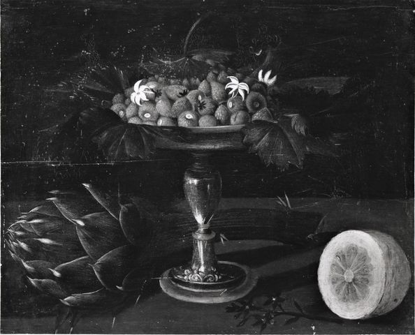 Studio L.A.M.A. — Galizia Fede - sec. XVI/ XVII - Natura morta con alzata di fragole, carciofo e limone — insieme
